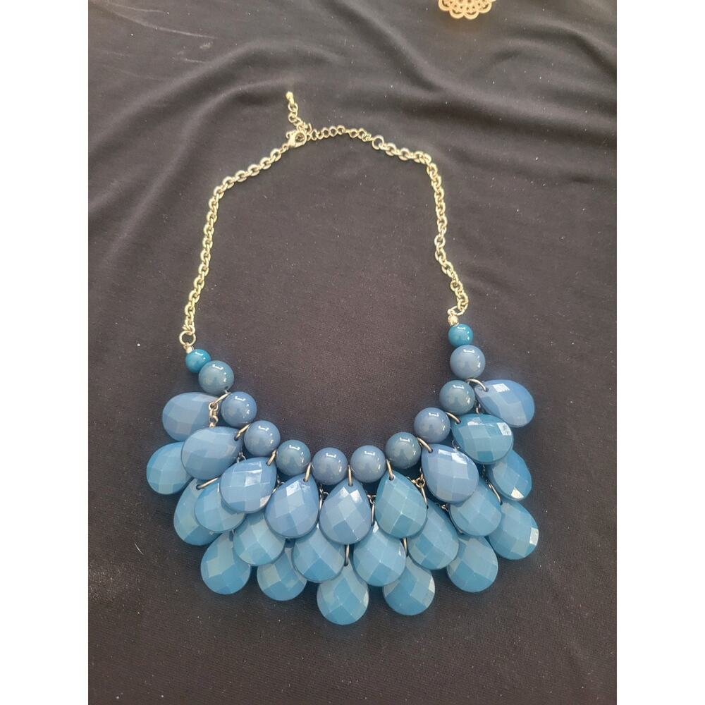 Blue Statement Necklace 15–18” Beaded Bib Layered Retro Glam tear drop